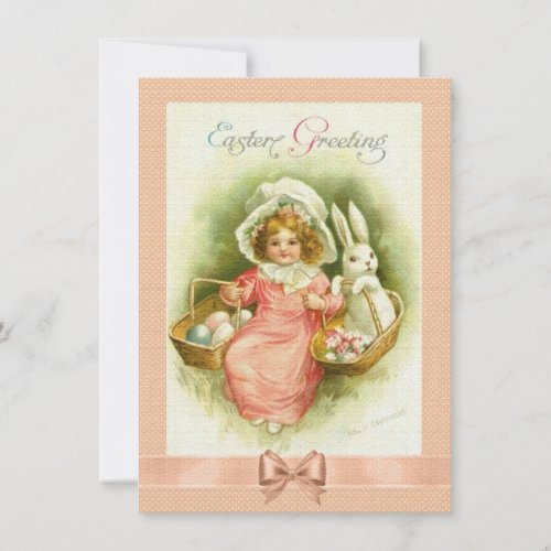 Victorian Easter Card Girl Baskets of Eggs  Bunny