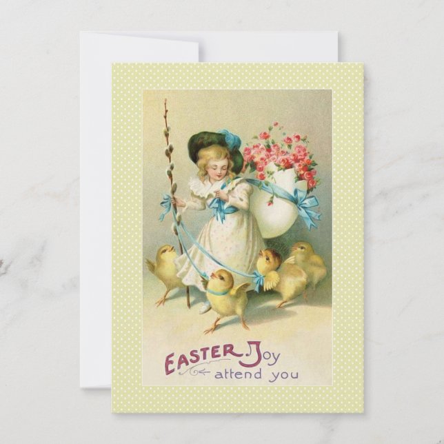 Victorian Easter Card Girl Roses in Egg & Chicks (Front)
