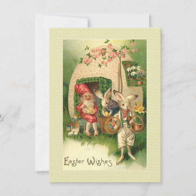 Victorian Easter Card Gnome in Egg House & Bunnies (Front)