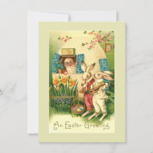 Victorian Easter Card Man in Egg House & Bunnies (Front)