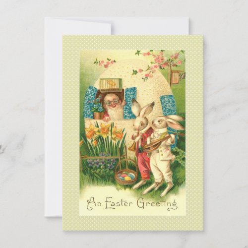 Victorian Easter Card Man in Egg House  Bunnies