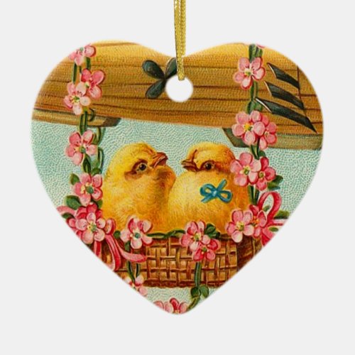 Victorian Easter Chicks Heart Ceramic Ornament