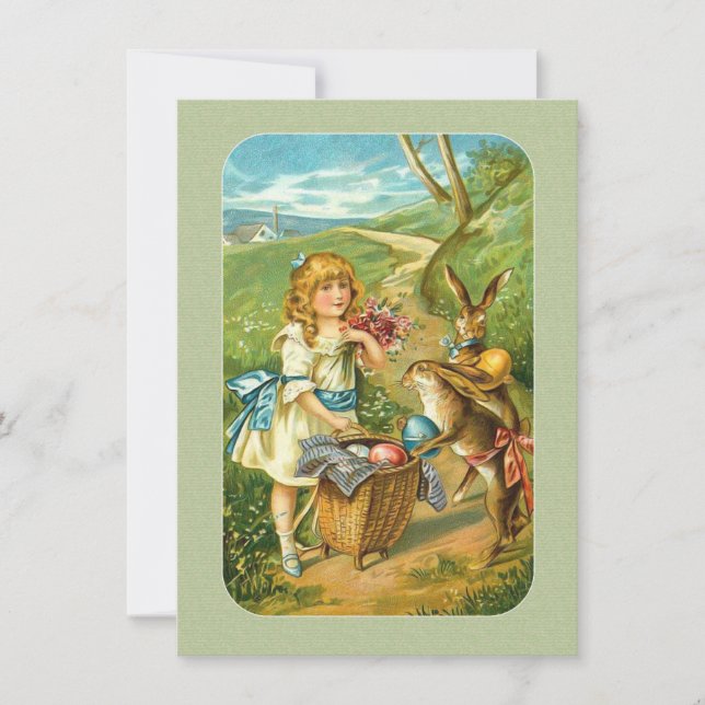 Victorian Easter Girl & Rabbits in Countryside Holiday Card (Front)