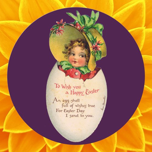 Victorian Easter Vintage Girl with Bonnet in Egg Classic Round Sticker