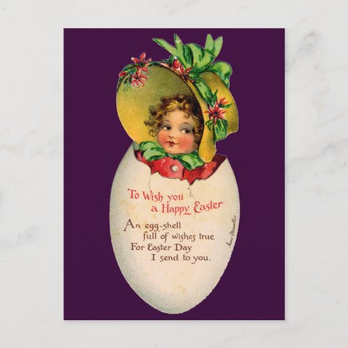 Victorian Easter Vintage Girl with Bonnet in Egg Holiday Postcard
