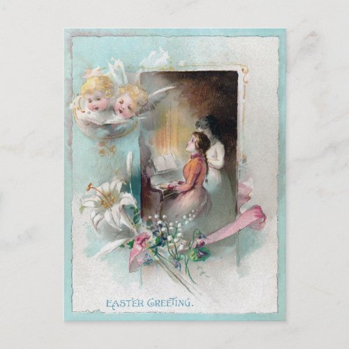 Victorian Easter with Woman at Piano and Cherubs Holiday Postcard