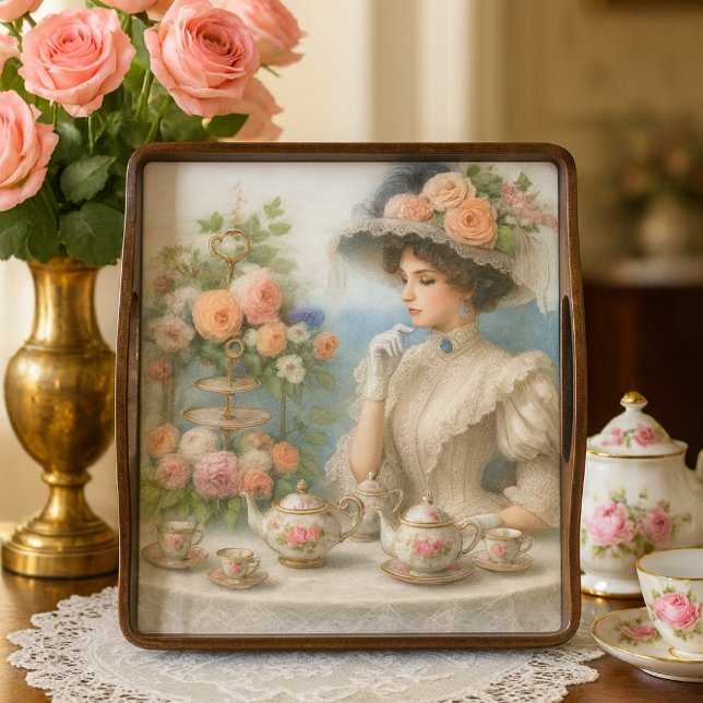 Victorian Elegance Lady at High Tea Decoupage  Tissue Paper (Victorian lady tea tray with roses, decoupaged elegance for romantic vintage table decor.)