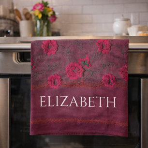 Victorian Elegance Wine-Toned Faux Lace Kitchen Towel