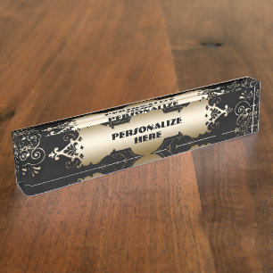 Victorian elegant black and gold desk name plate