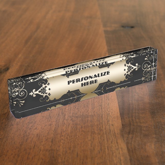 Victorian elegant black and gold desk name plate (Side)