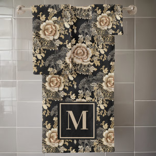 Victorian Elegant Roses Black Monogram Bath Towel Set