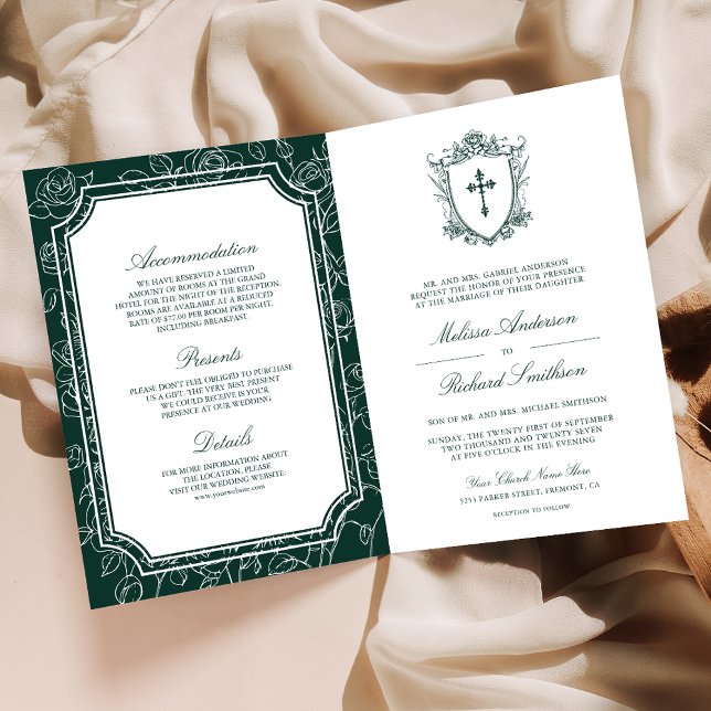Victorian Emerald Green Catholic QR Code Wedding Invitation (Creator Uploaded)