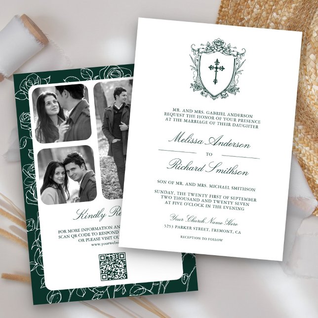 Victorian Emerald Green Catholic QR Code Wedding Invitation (Creator Uploaded)