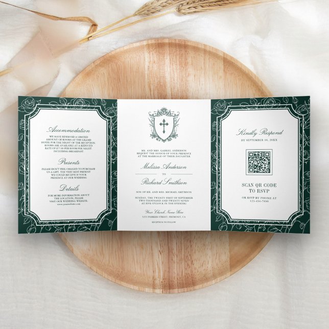 Victorian Emerald Green Catholic QR Code Wedding Tri-Fold Invitation (Creator Uploaded)