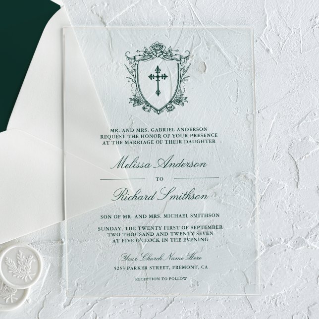Victorian Emerald Green Catholic Wedding Acrylic Invitations (Creator Uploaded)