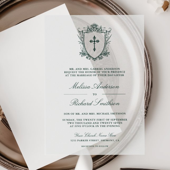 Victorian Emerald Green Catholic Wedding Vellum Invitations (Creator Uploaded)