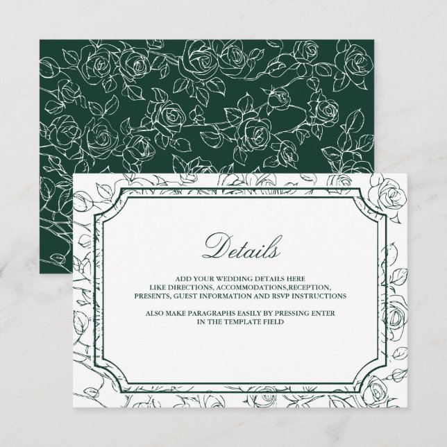 Victorian Emerald Green Line Art Wedding Details Enclosure Card (Front/Back)