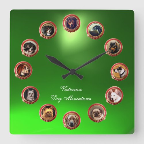 VICTORIAN ENAMELS MINIATURE DOG PORTRAITS Green Square Wall Clock