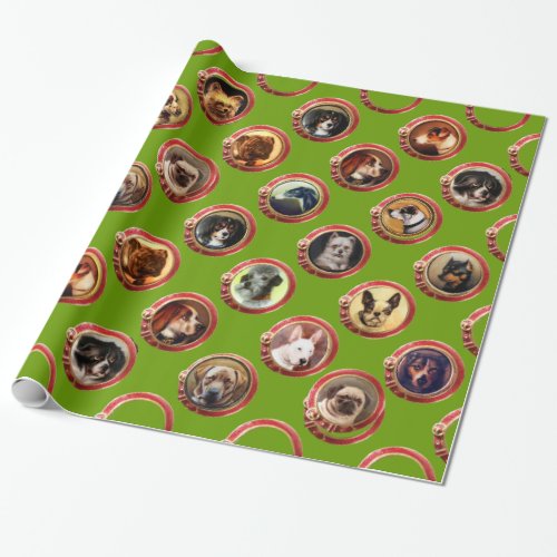 VICTORIAN ENAMELS MINIATURE DOG PORTRAITS Green Wrapping Paper