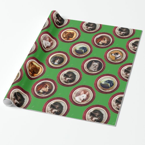 VICTORIAN ENAMELS MINIATURE DOG PORTRAITSGreen Wrapping Paper