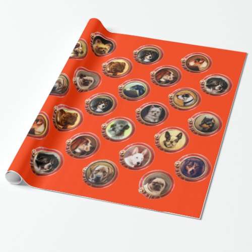 VICTORIAN ENAMELS MINIATURE DOG PORTRAITS Orange Wrapping Paper