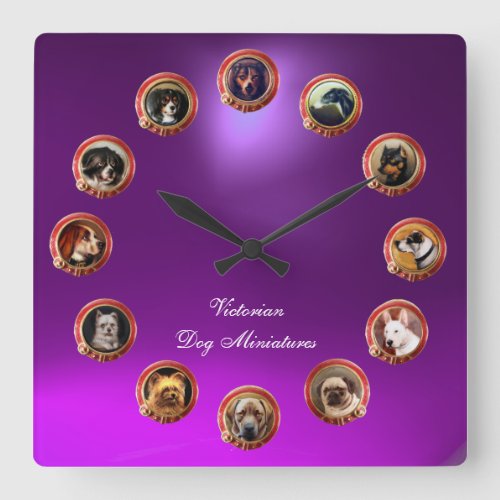 VICTORIAN ENAMELS MINIATURE DOG PORTRAITS Purple Square Wall Clock