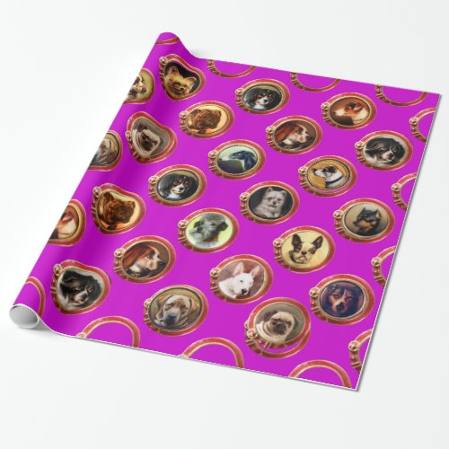 VICTORIAN ENAMELS MINIATURE DOG PORTRAITS Purple Wrapping Paper