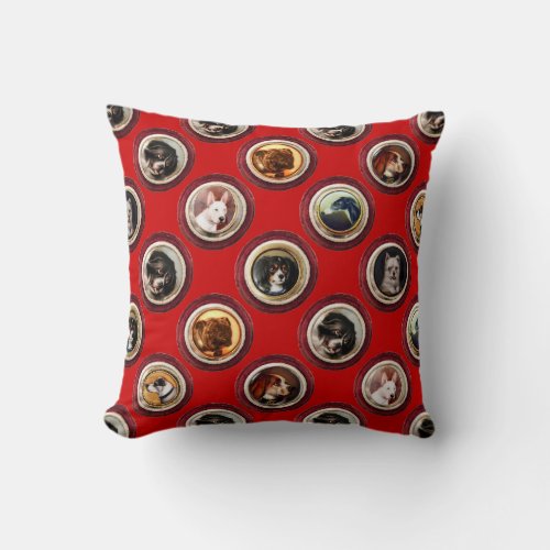 VICTORIAN ENAMELS MINIATURE DOG PORTRAITS Red Throw Pillow