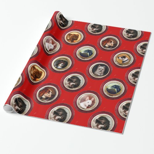 VICTORIAN ENAMELS MINIATURE DOG PORTRAITS Red Wrapping Paper