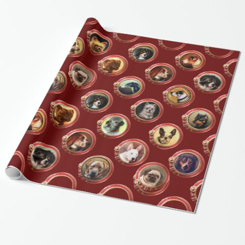 VICTORIAN ENAMELS MINIATURE DOG PORTRAITSRed Wrapping Paper