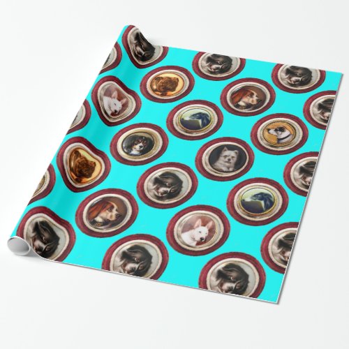 VICTORIAN ENAMELS MINIATURE DOG PORTRAITSTeal Wrapping Paper