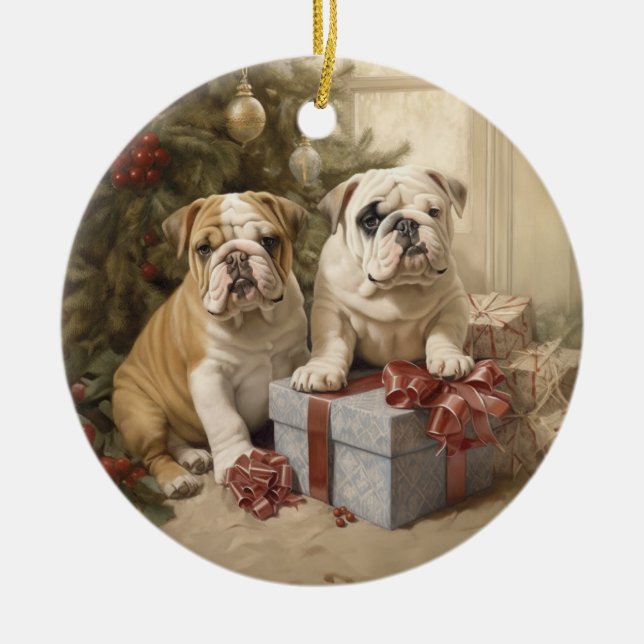 Victorian English Bulldog Puppy Christmas Ceramic Ornament (Front)