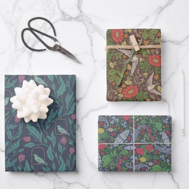 Victorian English Garden Mix Birds Berries Wrapping Paper Sheets (Front)