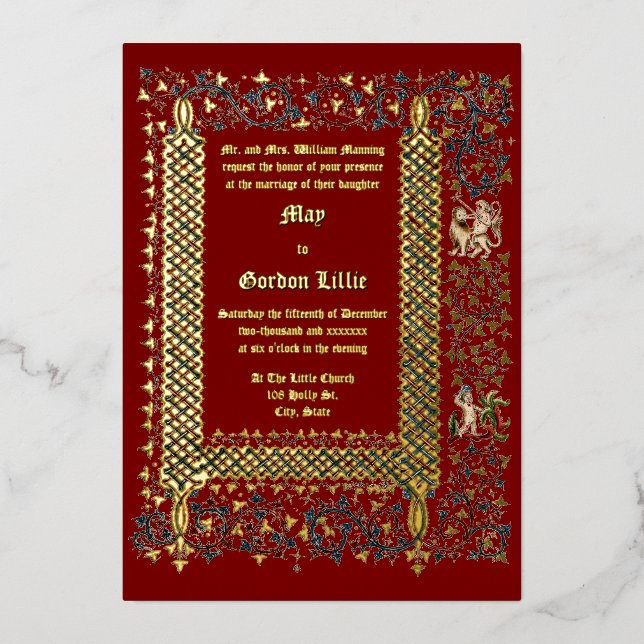 Victorian Era 1843 Medieval Style Wedding Foil Invitation (Front)