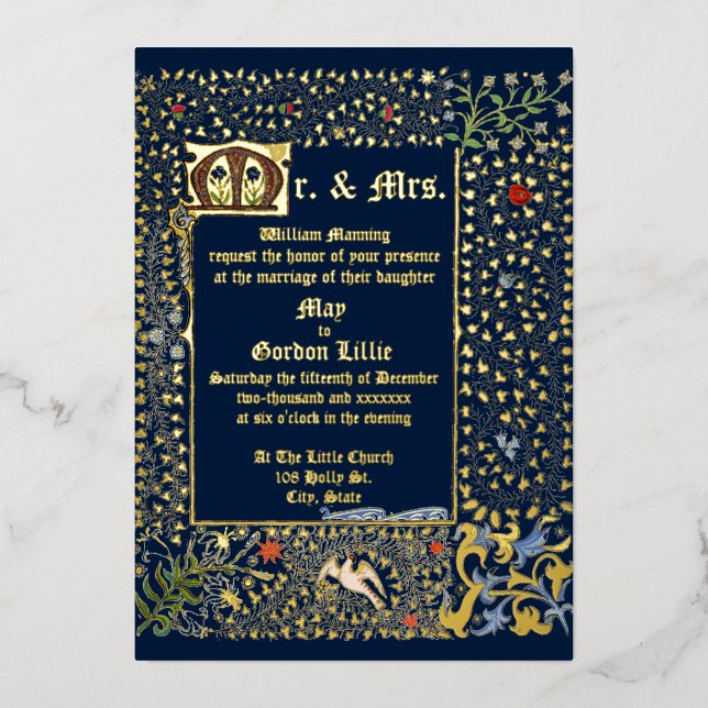 Victorian Era 1873 Medieval Style Wedding Foil Invitation (Front)