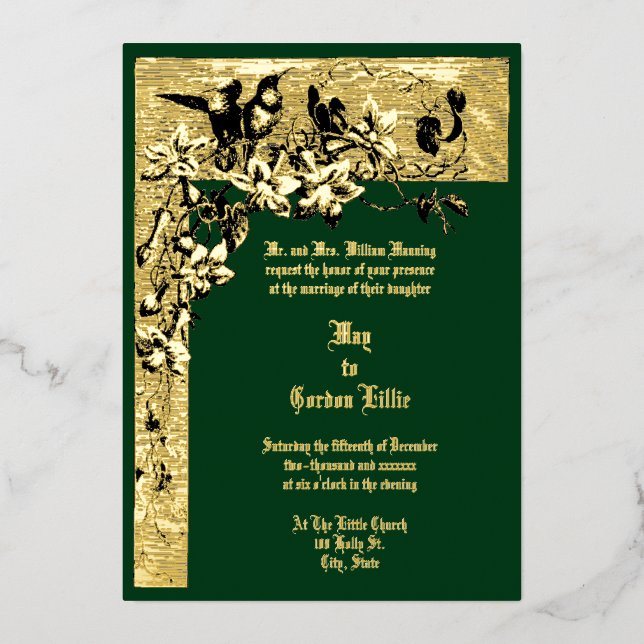 Victorian Era 1874 Hummingbird Pair Floral Wedding Foil Invitation (Front)