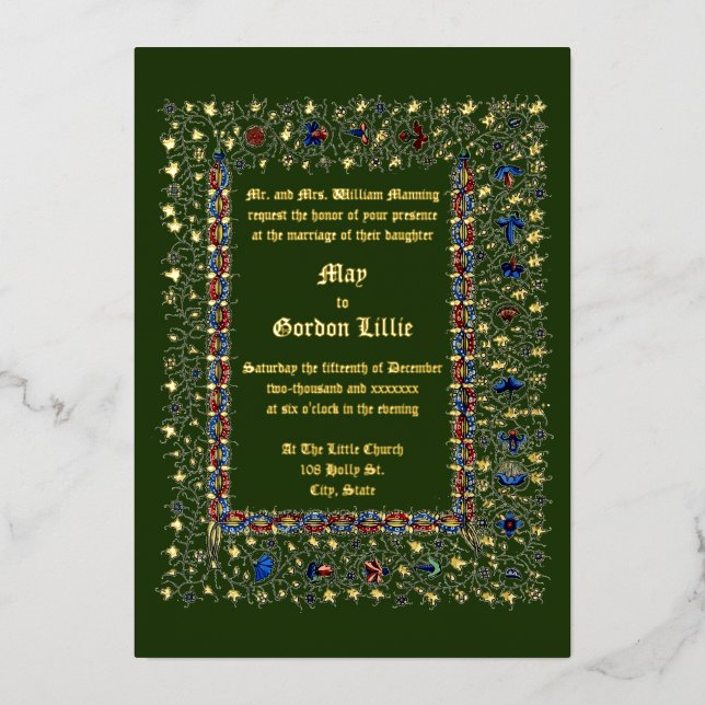 Victorian Era 1883 Medieval Style Wedding Foil Invitation (Front)
