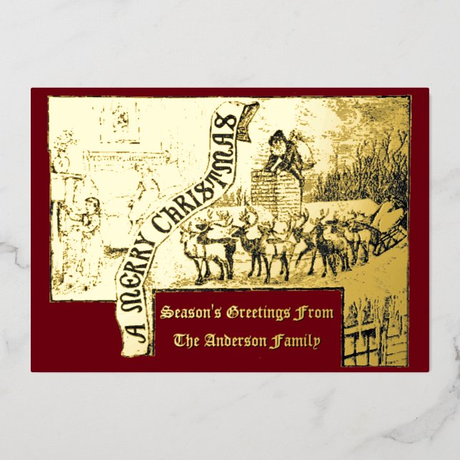 Victorian Era 1887 Santa & Reindeer Christmas Foil Holiday Card (Front)