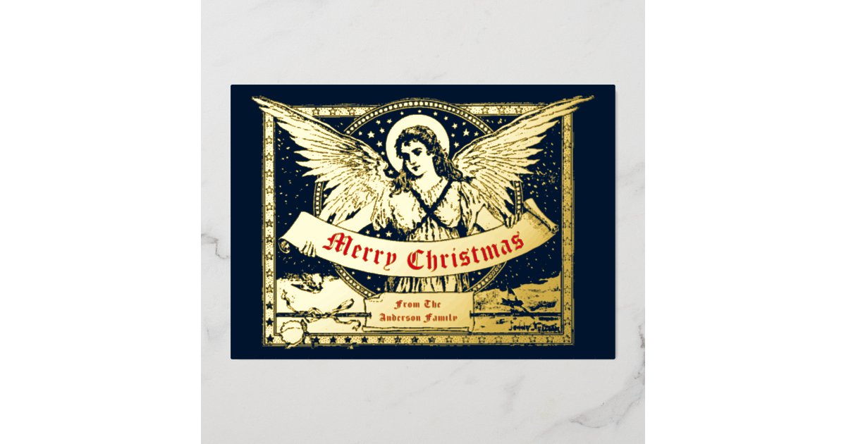 Victorian Era 1898 Christmas Angel With Banner Foil Holiday Card | Zazzle