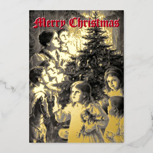 Victorian Era 1899 Children Around Christmas Tree Foil Holiday Card