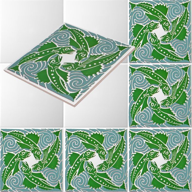 Victorian Era Art Nouveau Four Fish Pattern Ceramic Tile (Creator Uploaded)