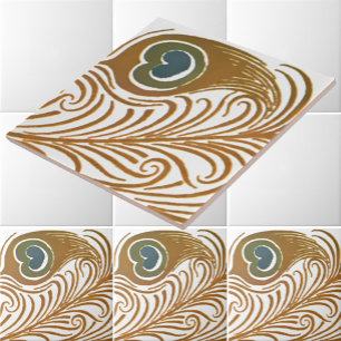 Victorian Era Art Nouveau Peacock Feather Pattern Ceramic Tile