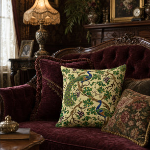 Victorian Era Art Nouveau Peacocks Grapevine Throw Pillow