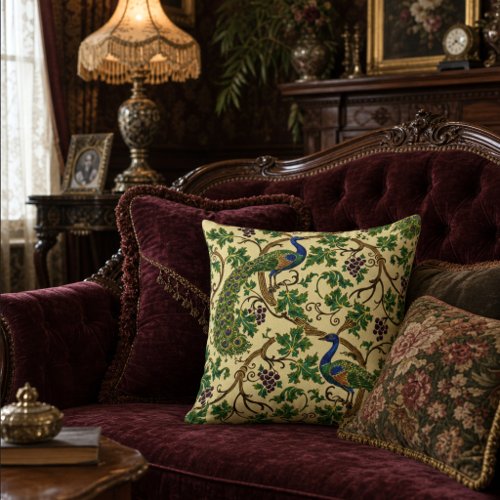 Victorian Era Art Nouveau Peacocks Grapevine Throw Pillow