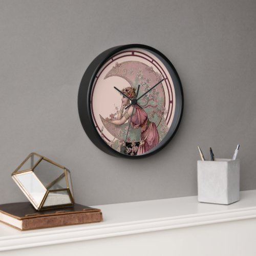 Victorian Era Art Nouveau Woman  Crescent Moon Clock
