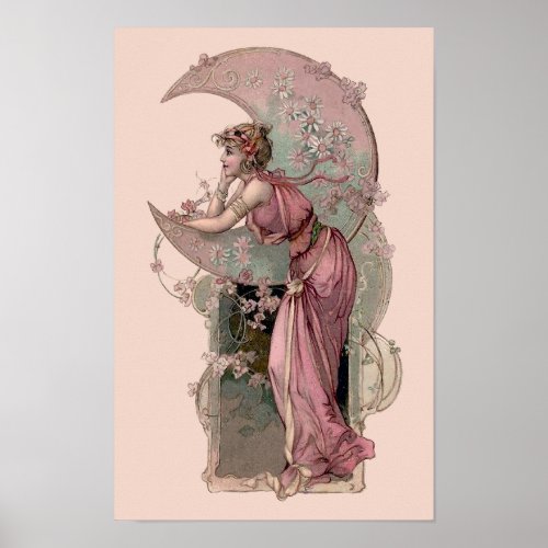 Victorian Era Art Nouveau Woman  Crescent Moon Poster