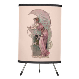 Victorian Era Art Nouveau Woman & Crescent Moon Tripod Lamp