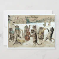 Folding Christmas greeting card of celebrating cats by Louis Wain