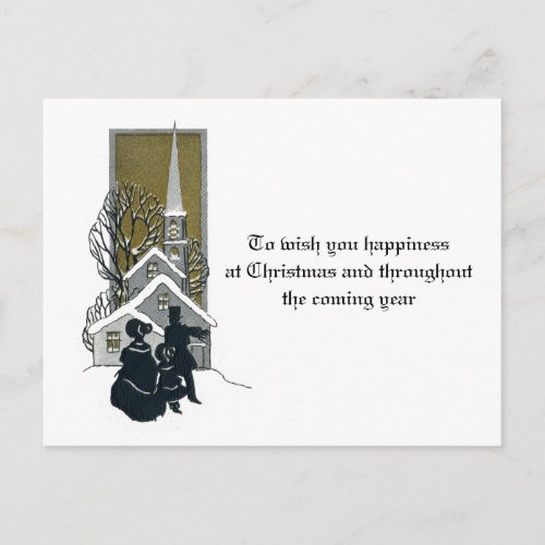 Victorian Era Christmas Silhouette Gold Church Holiday Postcard