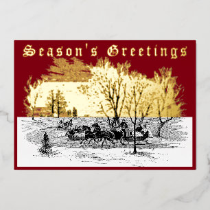 Victorian Era Christmas Sleigh Ride At Sunset Foil Holiday Card